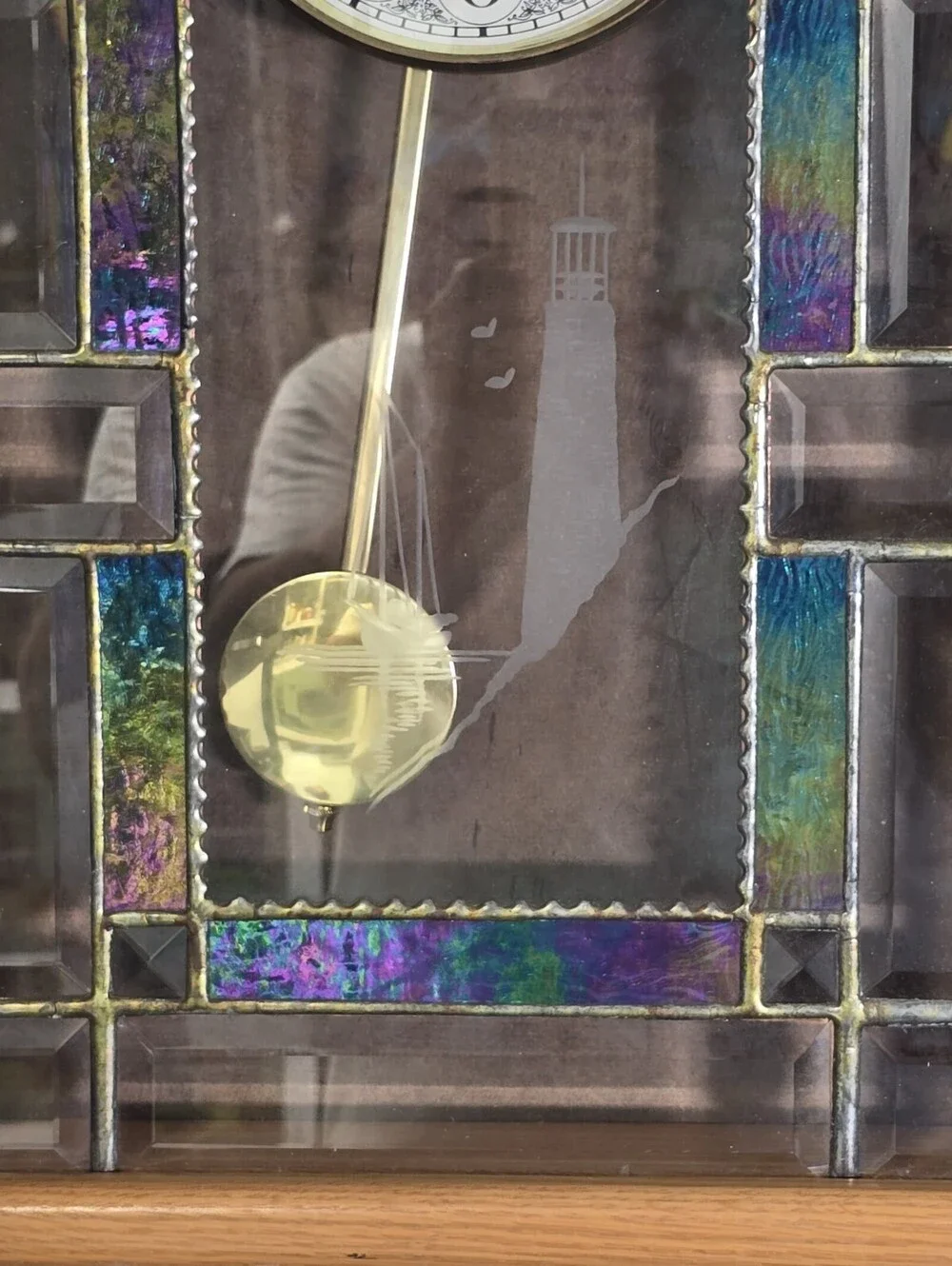 Cathedral Church Window Style Pendulum Wall Clock Stained Art Glass Lighthouse.